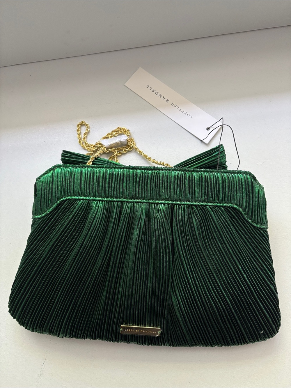 Loeffler Randall Emerald Green Pleated Bow Clutch with Gold Chain - Picture 3 of 8